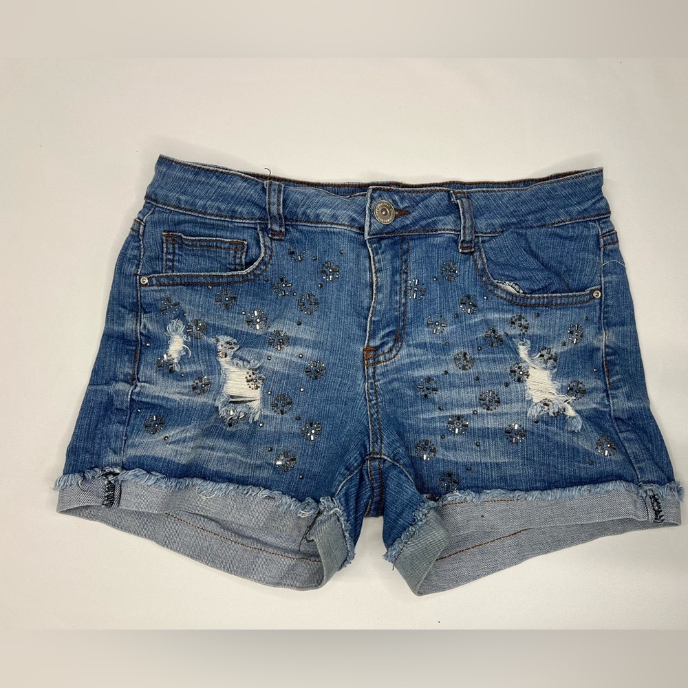 Light Blue Jean Shorts, Stretch, Sparkle Beading, Distressed, Size Large